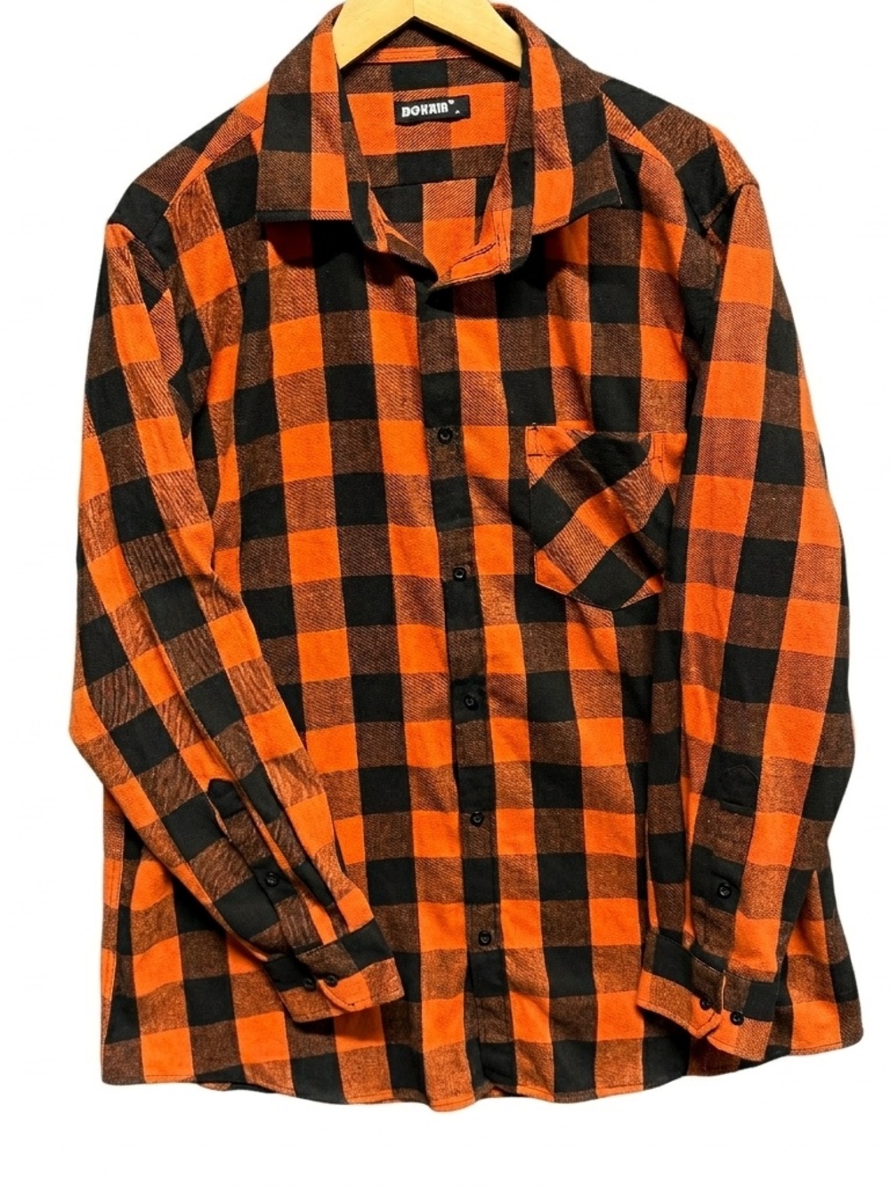 Dokkia Men's XL Orange & Black Buffalo Plaid Flannel Shirt - 100% Cotton